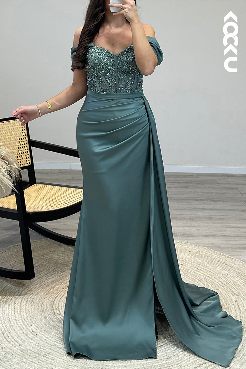 L1586 - Mermaid/Trumpet Off Shoulder Beaded Satin Long Formal Dress for Wedding