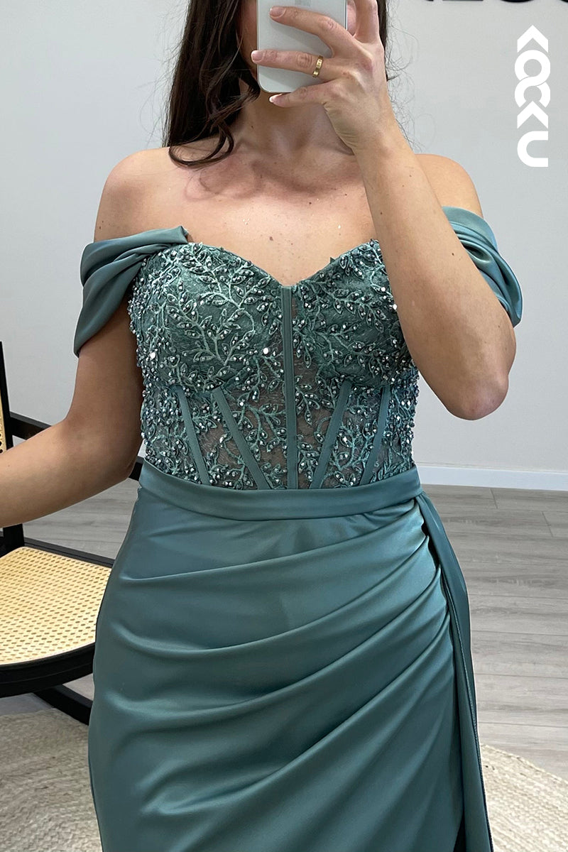 L1586 - Mermaid/Trumpet Off Shoulder Beaded Satin Long Formal Dress for Wedding