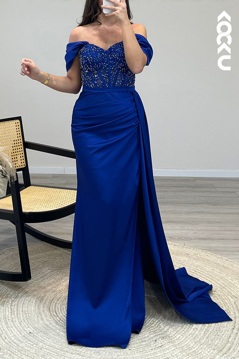 L1586 - Mermaid/Trumpet Off Shoulder Beaded Satin Long Formal Dress for Wedding