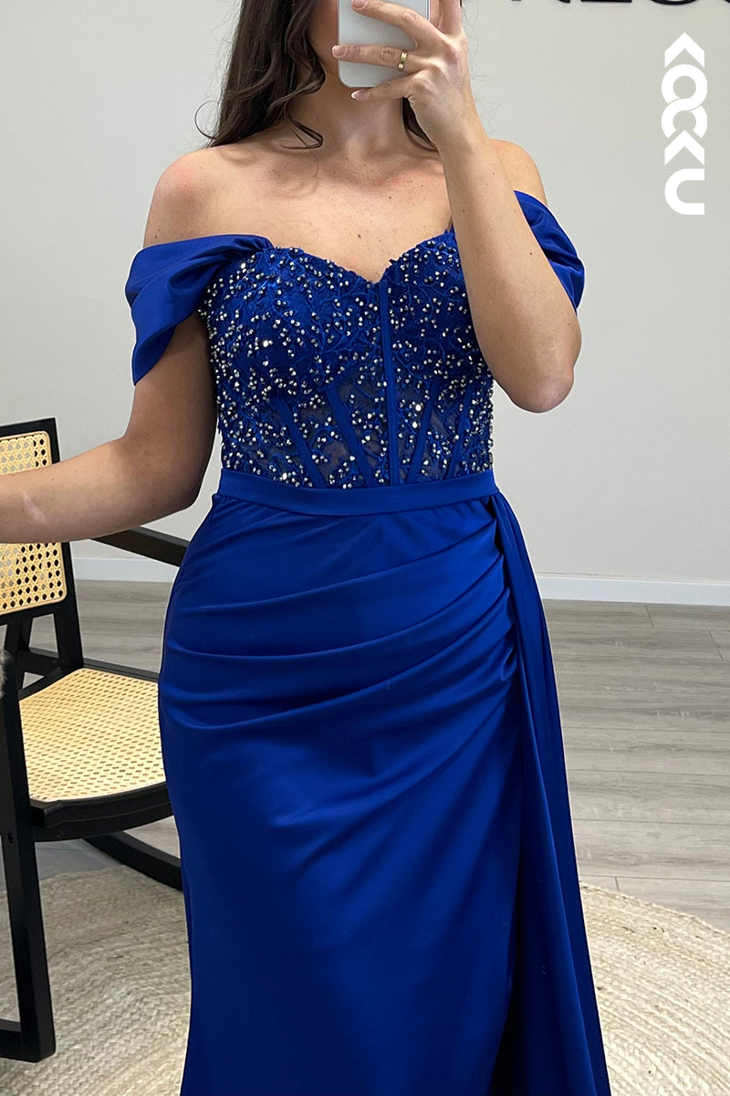 L1586 - Mermaid/Trumpet Off Shoulder Beaded Satin Long Formal Dress for Wedding