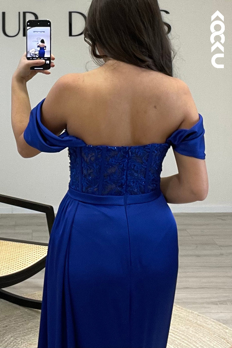 L1586 - Mermaid/Trumpet Off Shoulder Beaded Satin Long Formal Dress for Wedding