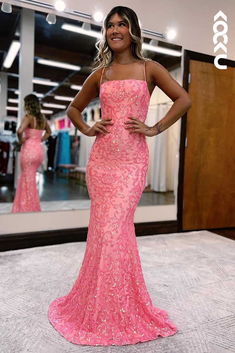 L1589 - Spaghetti Straps Sequins Appliqued Sheath Long Prom Gown