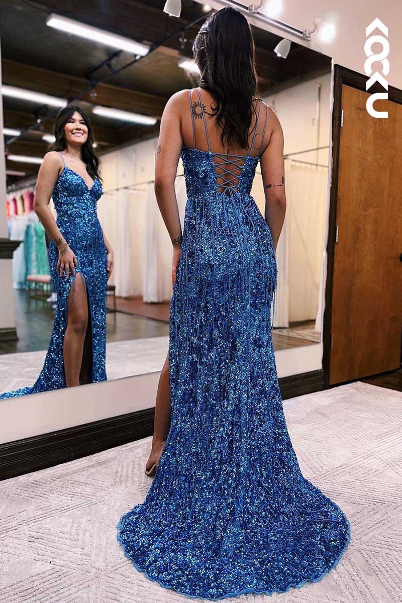 L1591 - V-Neck Sequins Beaded Thigh Slit Sheath Long Prom Gown