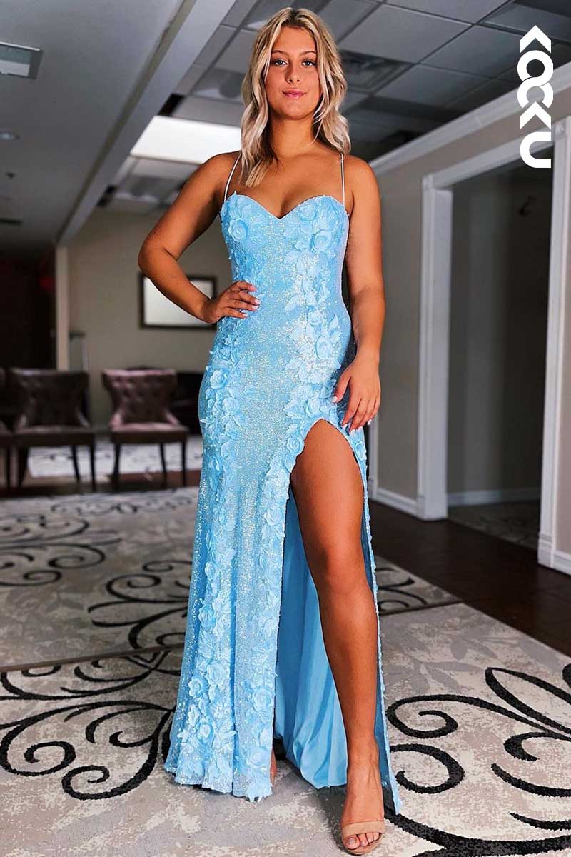 L1593 - Sweetheart Sequins Appliqued Lace-Up Sheath Long Prom Gown With Slit