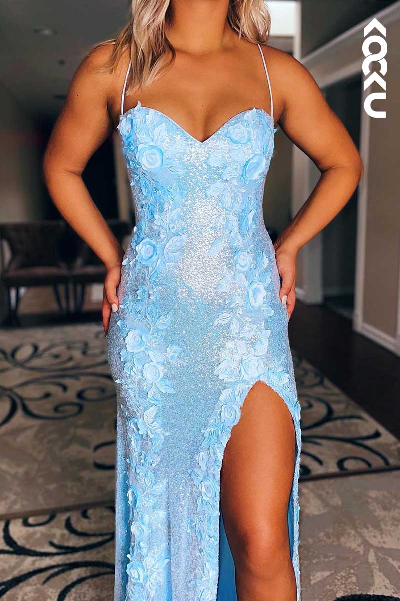 L1593 - Sweetheart Sequins Appliqued Lace-Up Sheath Long Prom Gown With Slit