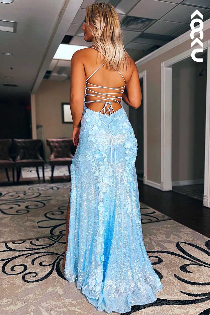 L1593 - Sweetheart Sequins Appliqued Lace-Up Sheath Long Prom Gown With Slit