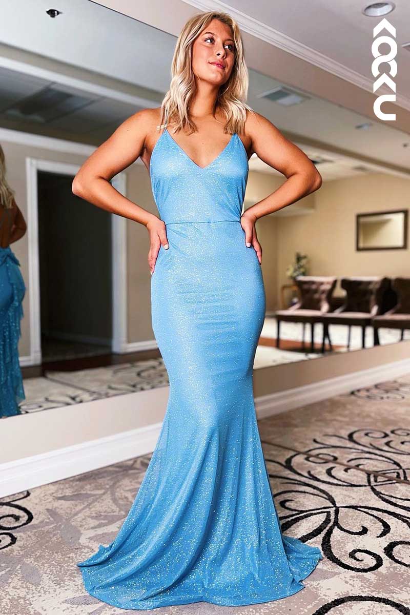 L1594 - V-Neck Spaghetti Straps Sheath Long Prom Gown With Ruffles