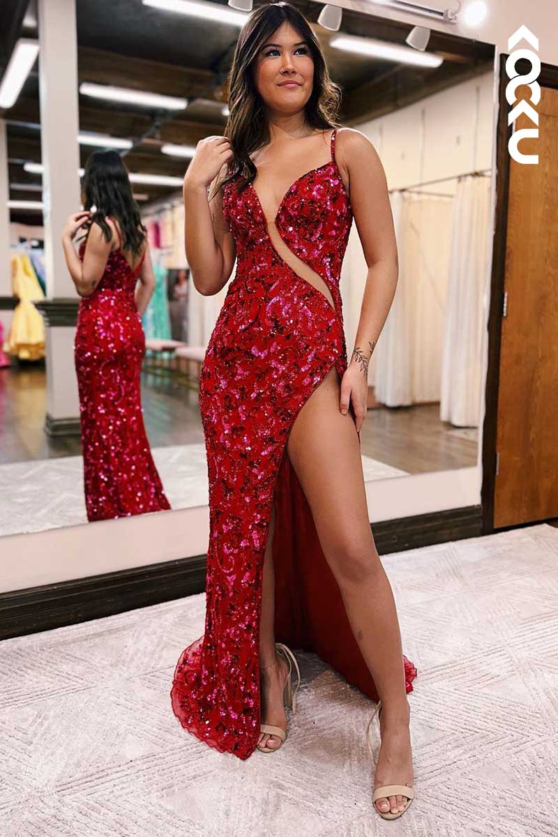 L1595 - V-Neck Cut Outs Sequins Appliqued Sheath Long Prom Gown With Slit