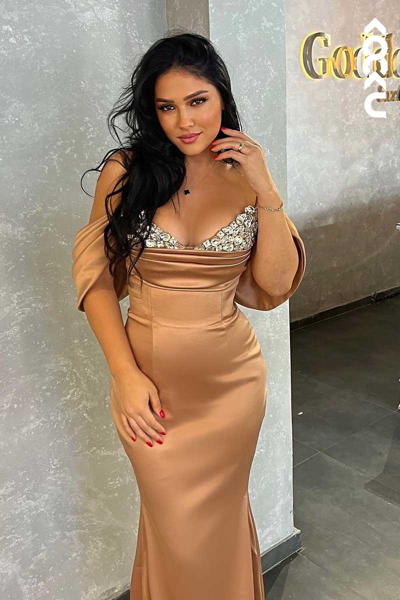 L1596 - V-Neck Off-Shoulder Beaded Sheath Long Prom Gown With Sweep Train