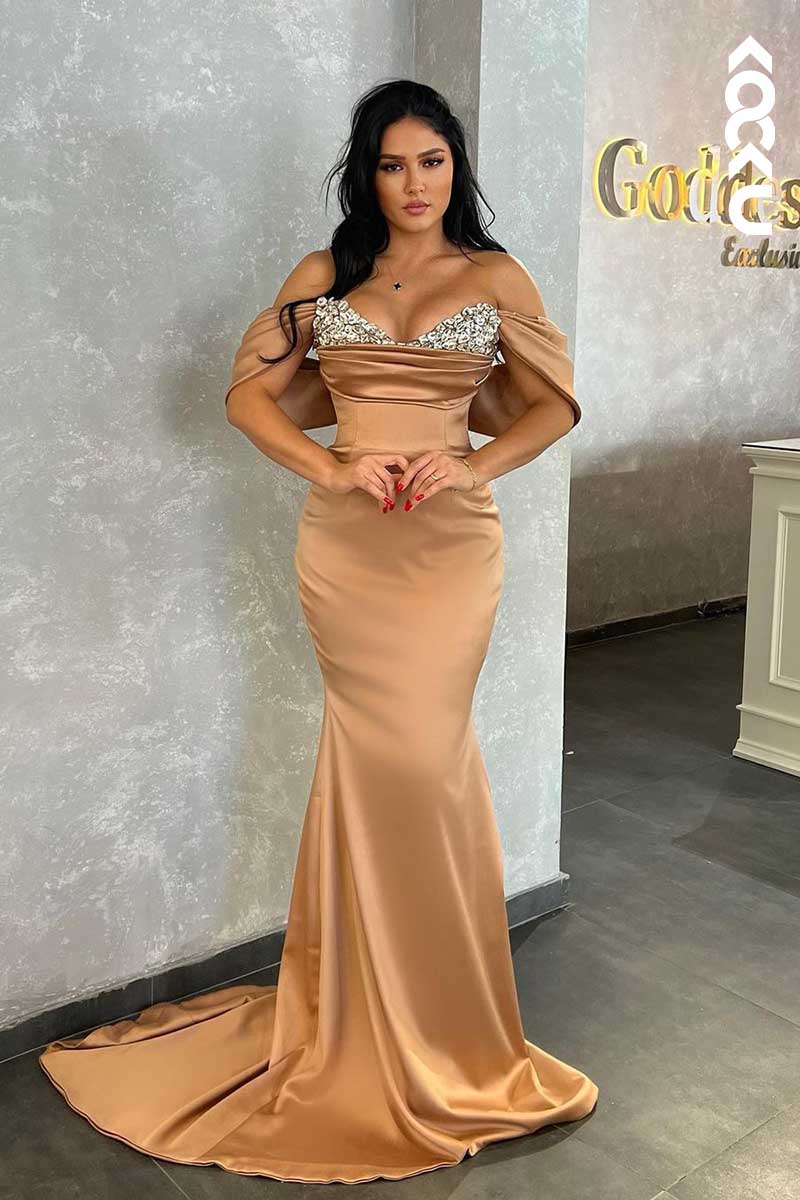 L1596 - V-Neck Off-Shoulder Beaded Sheath Long Prom Gown With Sweep Train