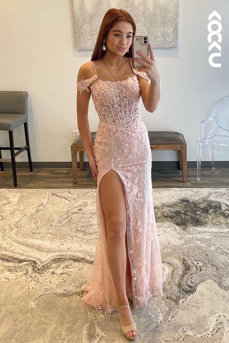 L1598 - Off-Shoulder Lace Appliqued Tulle Sheath Long Prom Gown With Slit