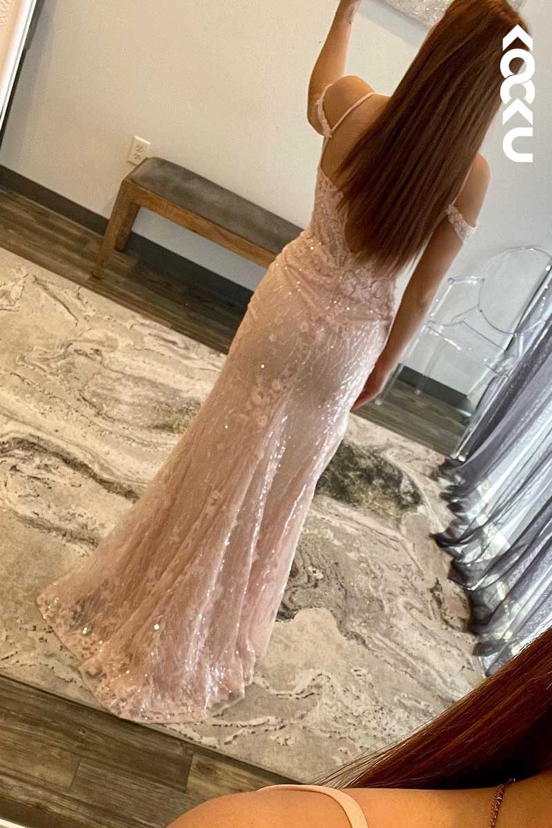 L1598 - Off-Shoulder Lace Appliqued Tulle Sheath Long Prom Gown With Slit