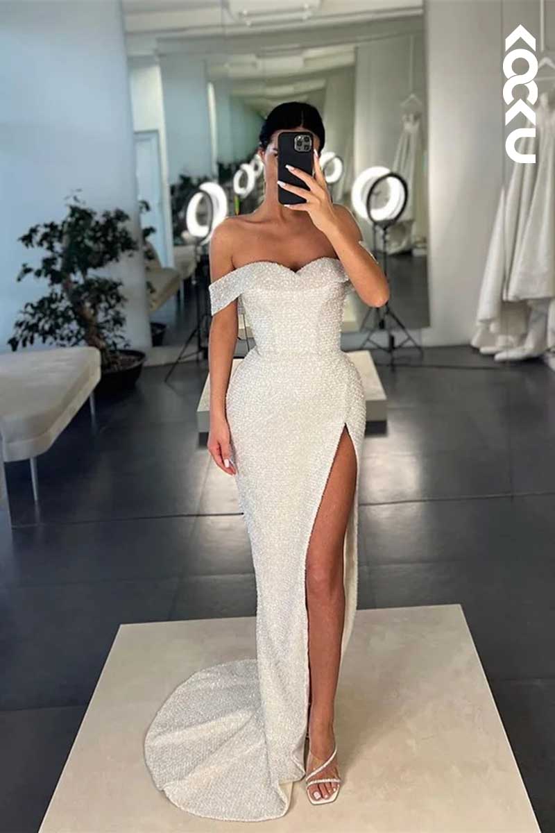 L1599 - Off-Shoulder Sparkly Thigh Slit Sheath Long Prom Gown With Sweep Train