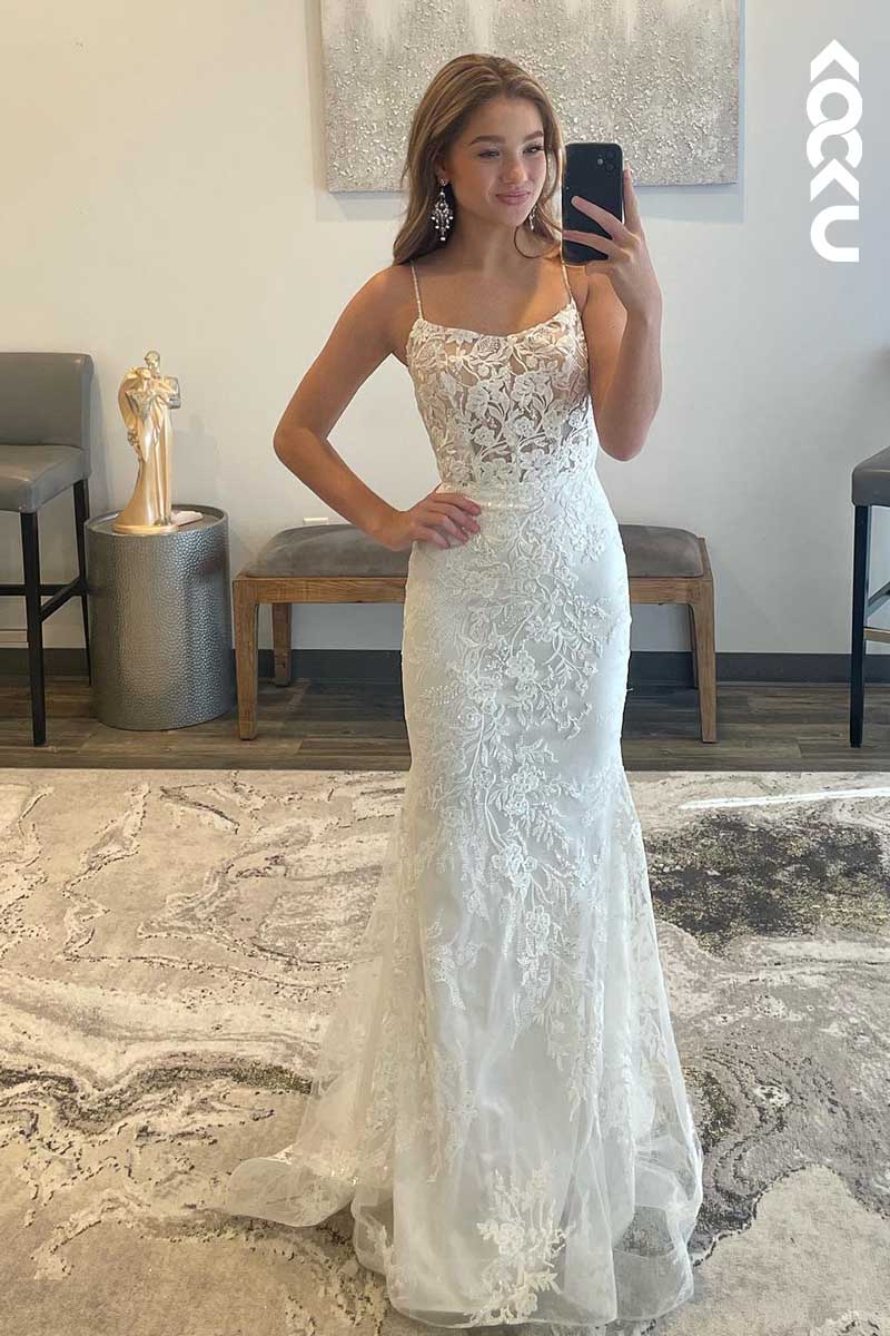 L1600 - Spaghetti Straps Lace Appliqued Tulle Sheath Long Prom Gown