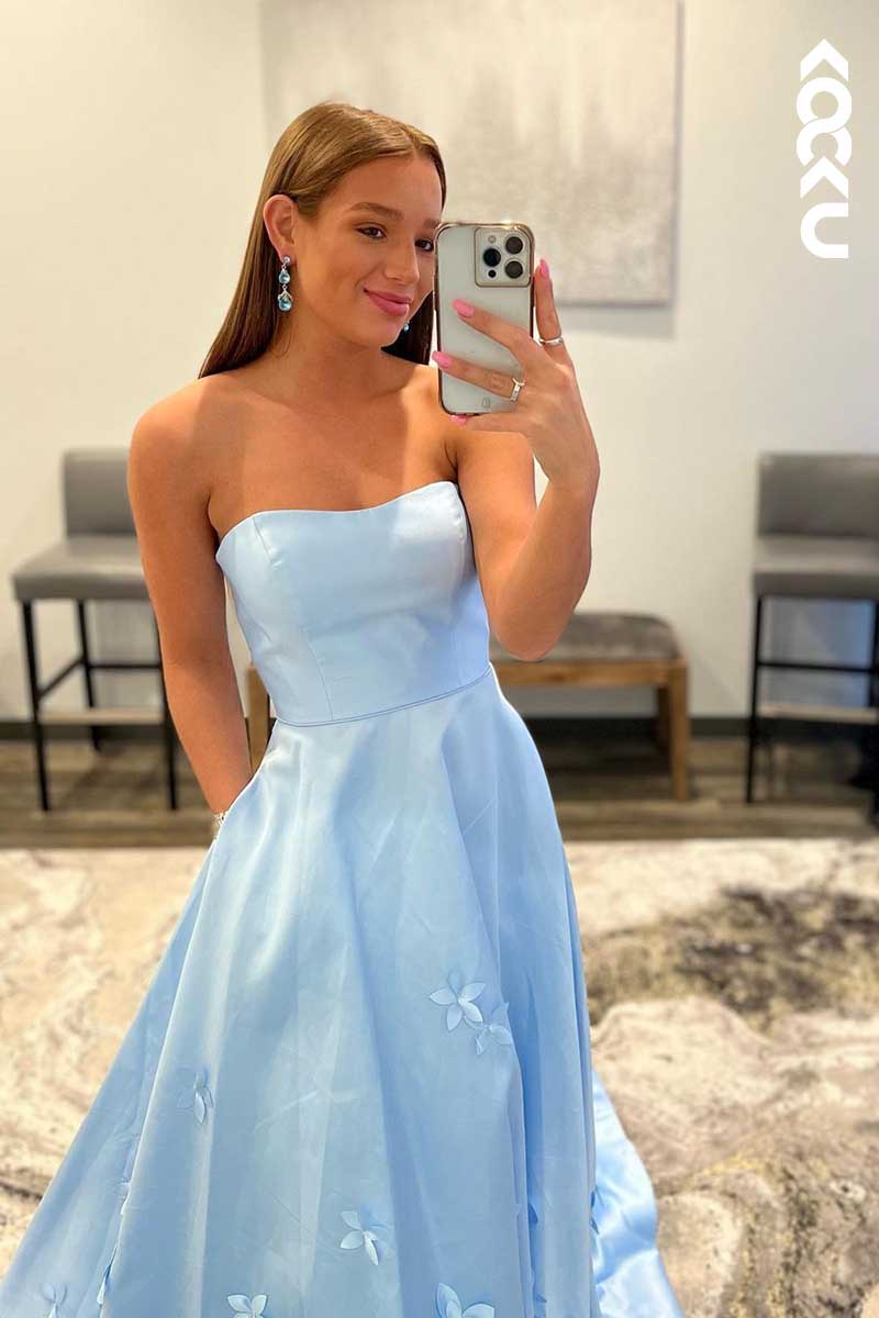 L1602 - Strapless Appliqued A-Line Long Prom Gown With Sweep Train