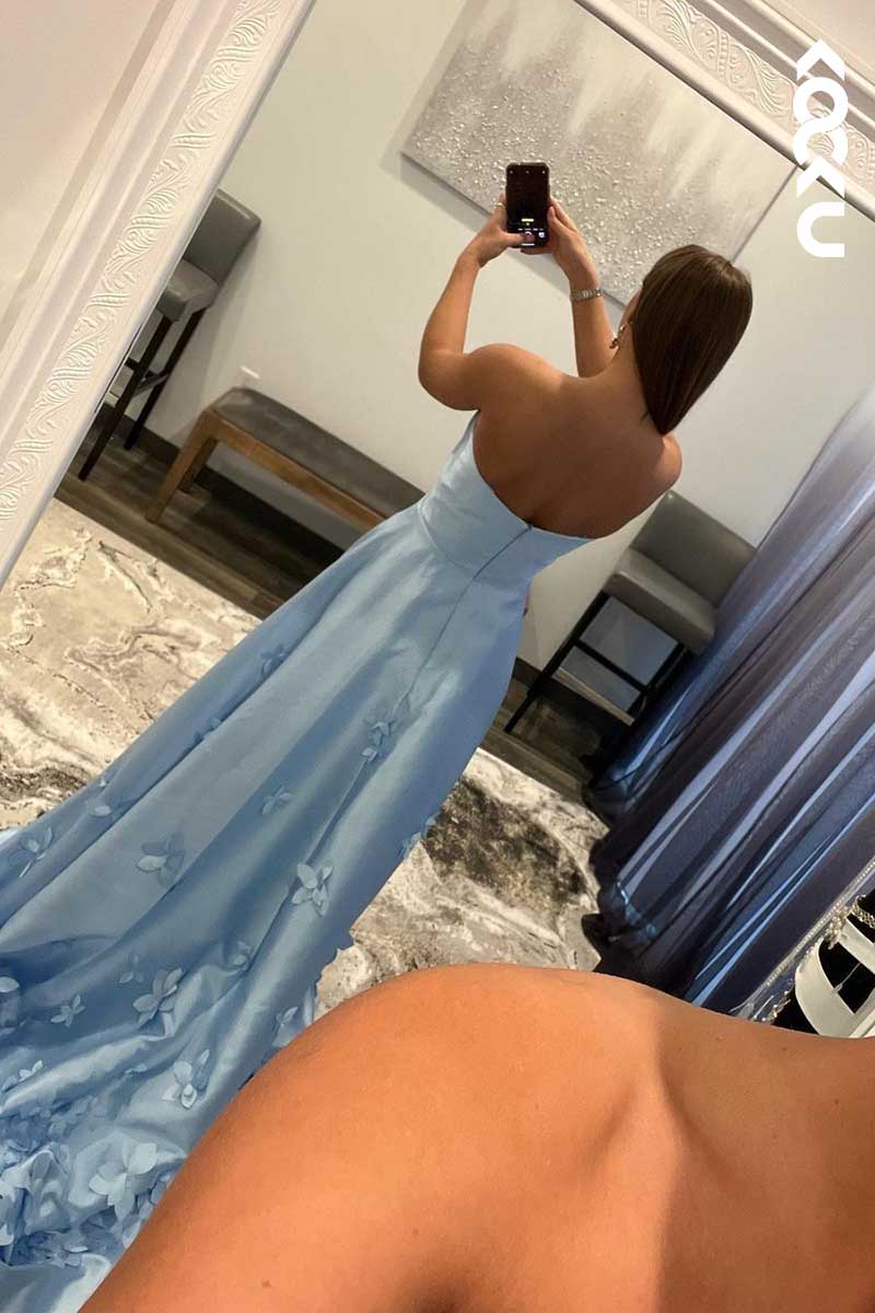 L1602 - Strapless Appliqued A-Line Long Prom Gown With Sweep Train