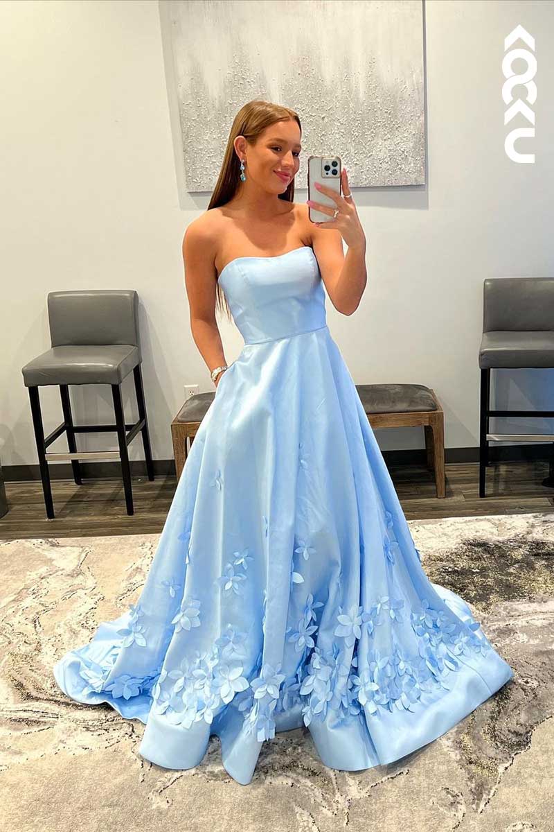 L1602 - Strapless Appliqued A-Line Long Prom Gown With Sweep Train