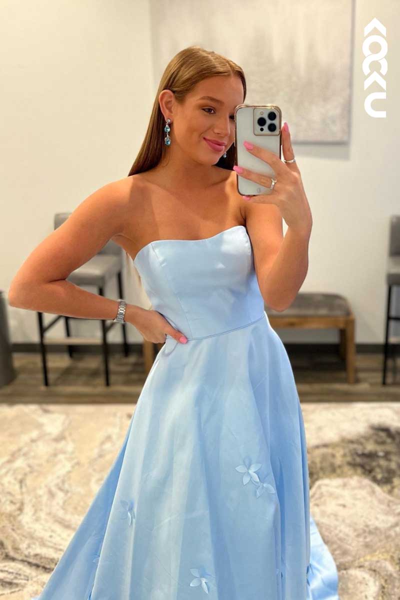L1602 - Strapless Appliqued A-Line Long Prom Gown With Sweep Train
