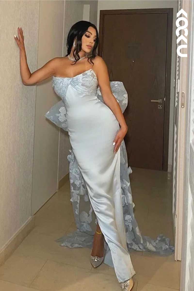 L1603 - Strapless Tulle Bow Sheath Long Prom Gown With Sweep Train
