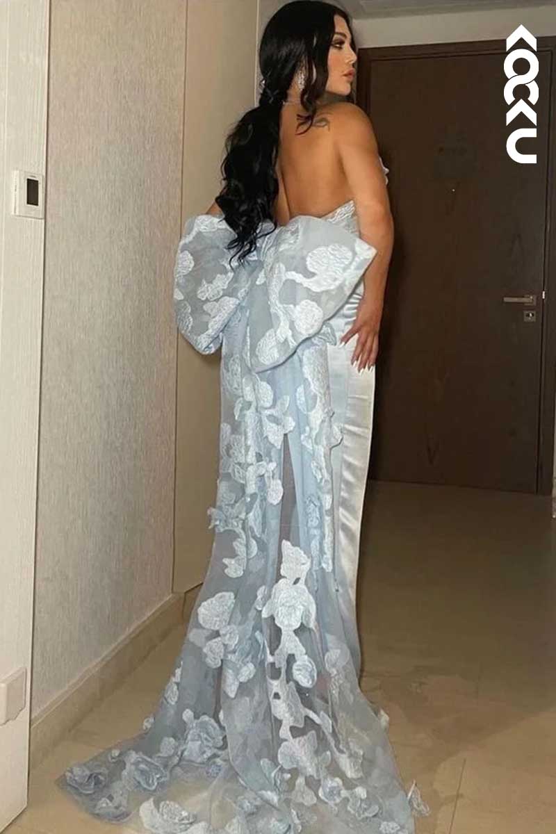 L1603 - Strapless Tulle Bow Sheath Long Prom Gown With Sweep Train