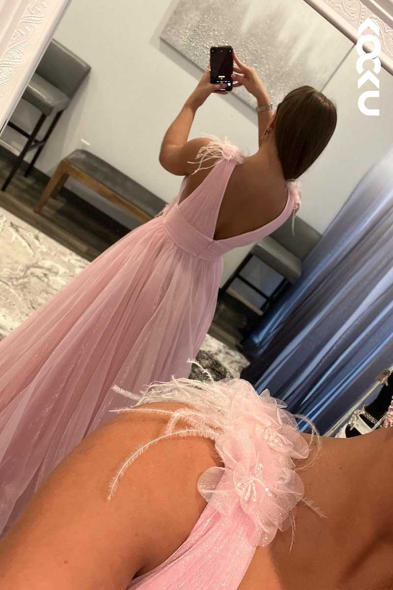 L1604 - Deep V-Neck Ruched Tulle A-Line Long Prom Gown