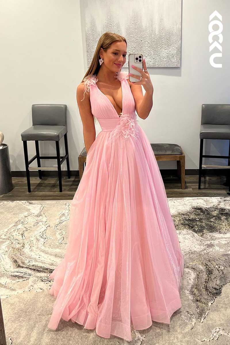 L1604 - Deep V-Neck Ruched Tulle A-Line Long Prom Gown