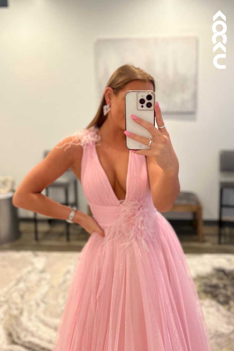 L1604 - Deep V-Neck Ruched Tulle A-Line Long Prom Gown