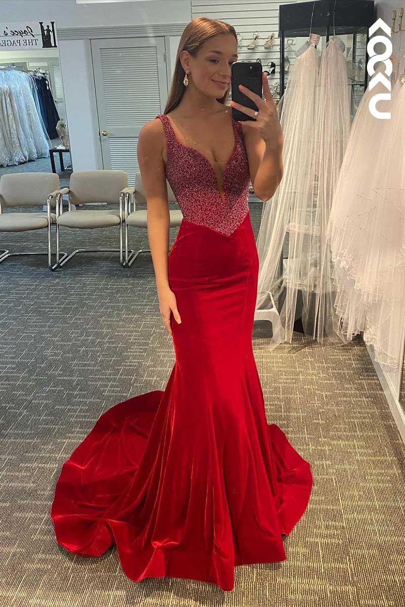 L1605 - Deep V-Neck Sequins Beaded Mermaid Long Prom Gown With Sweep Train
