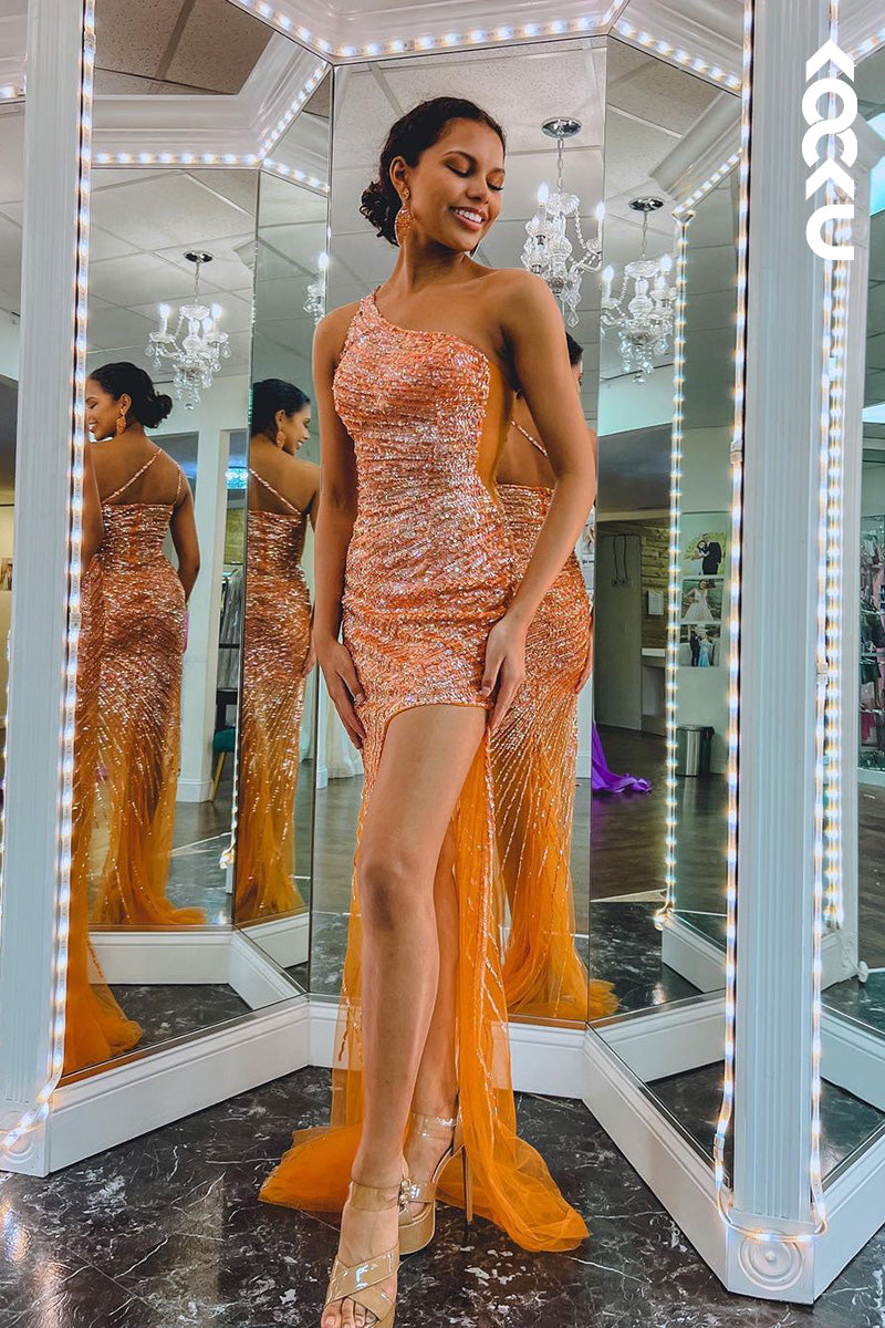 L1607 - One Shoulder Sequined Sheath Long Prom Gown With Thigh Slit