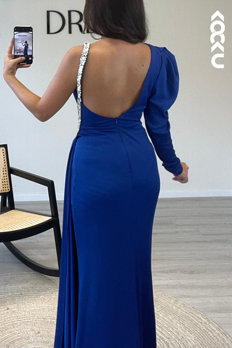 L1608 - Asymmetrical V Neck Satin Pleated Beaded Sheath Long Formal Dress