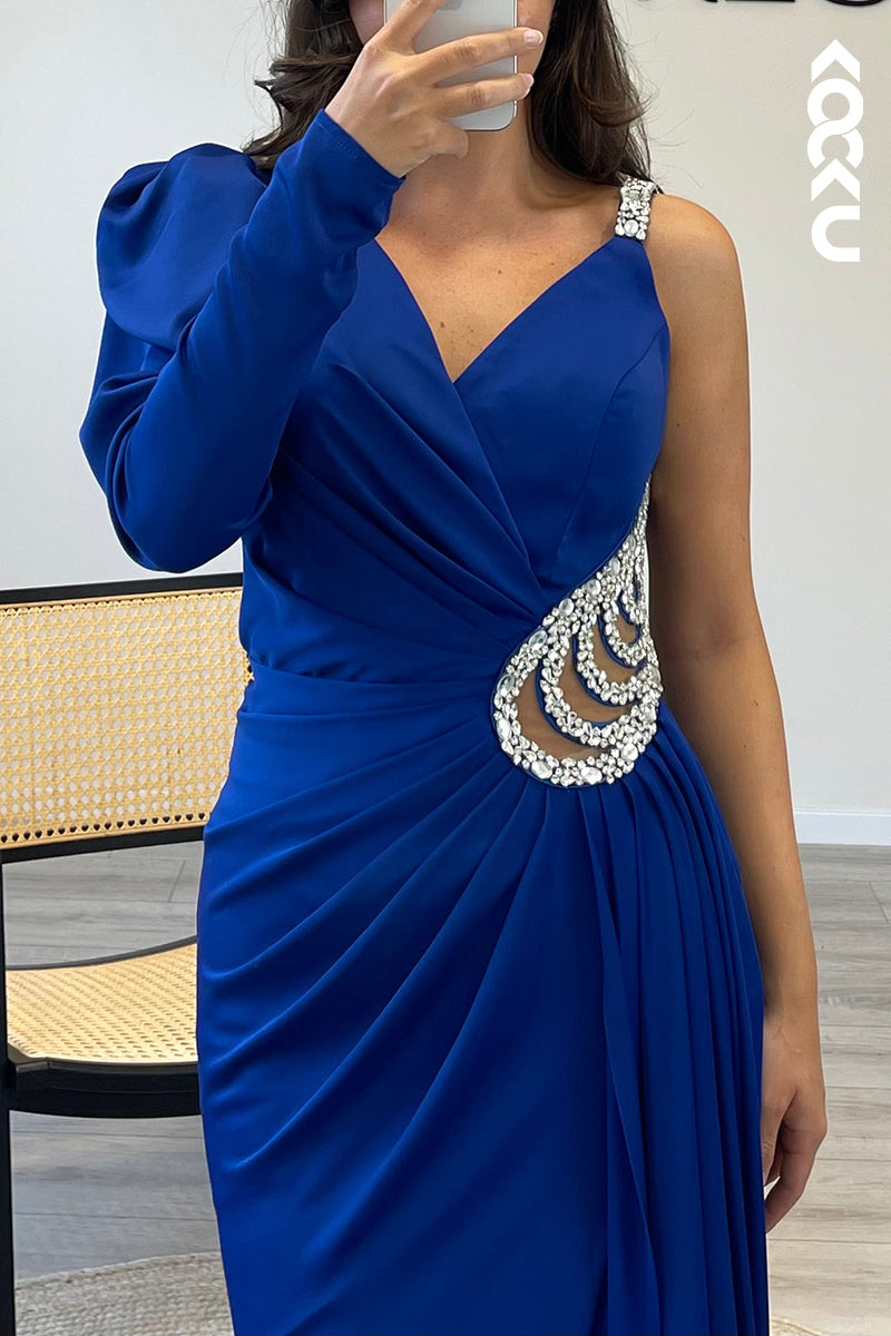 L1608 - Asymmetrical V Neck Satin Pleated Beaded Sheath Long Formal Dress