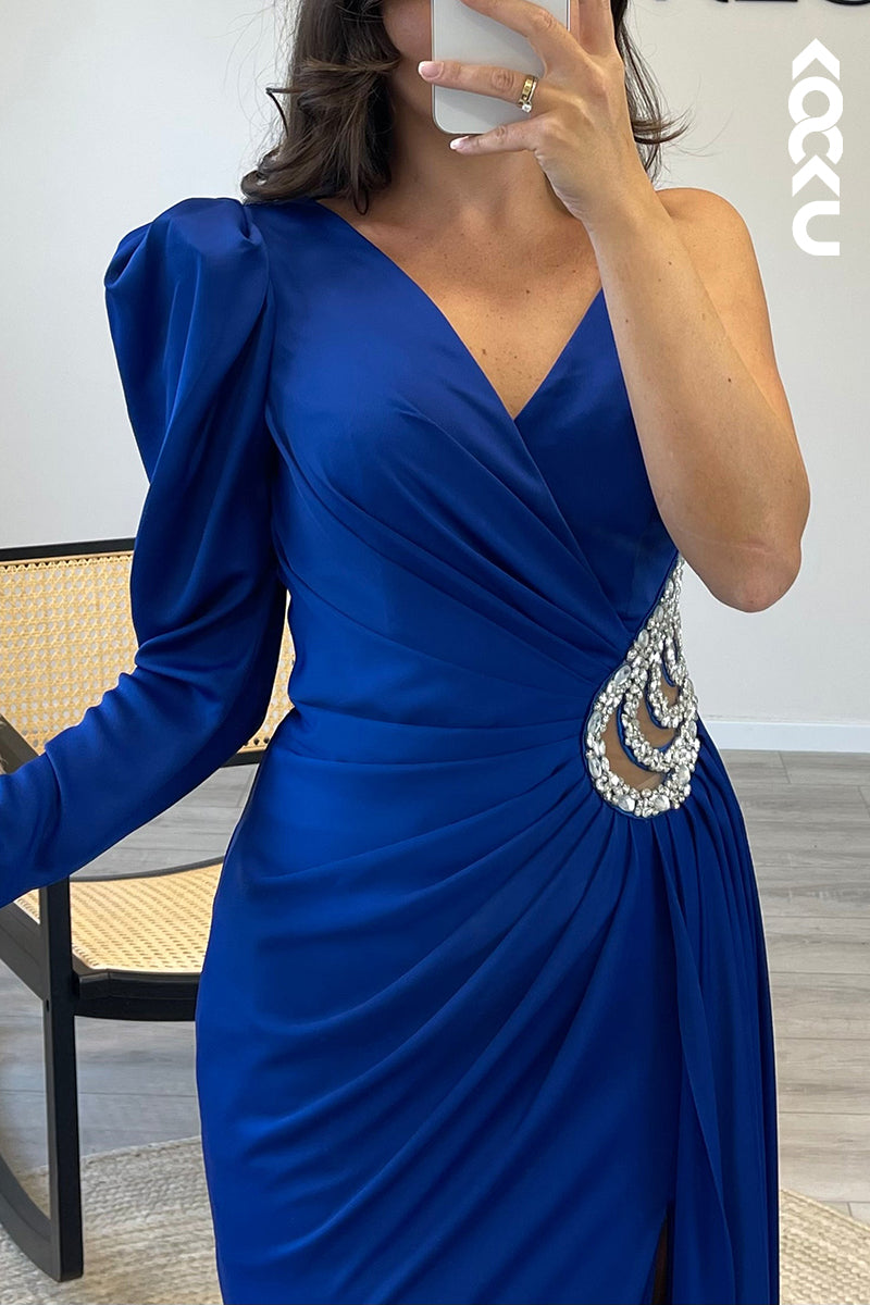 L1608 - Asymmetrical V Neck Satin Pleated Beaded Sheath Long Formal Dress