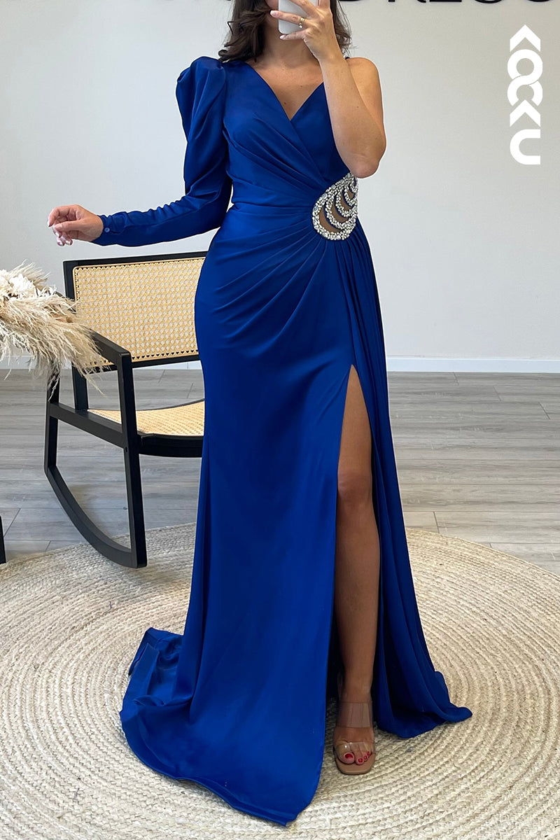 L1608 - Asymmetrical V Neck Satin Pleated Beaded Sheath Long Formal Dress