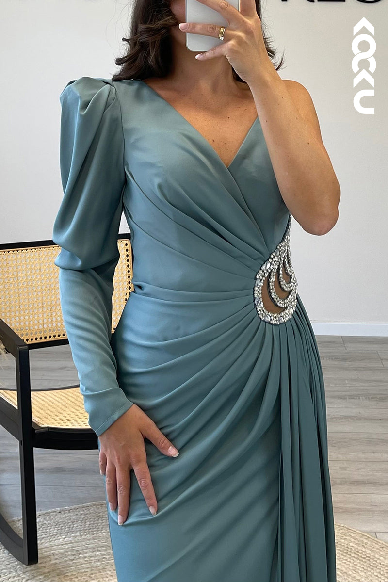 L1608 - Asymmetrical V Neck Satin Pleated Beaded Sheath Long Formal Dress