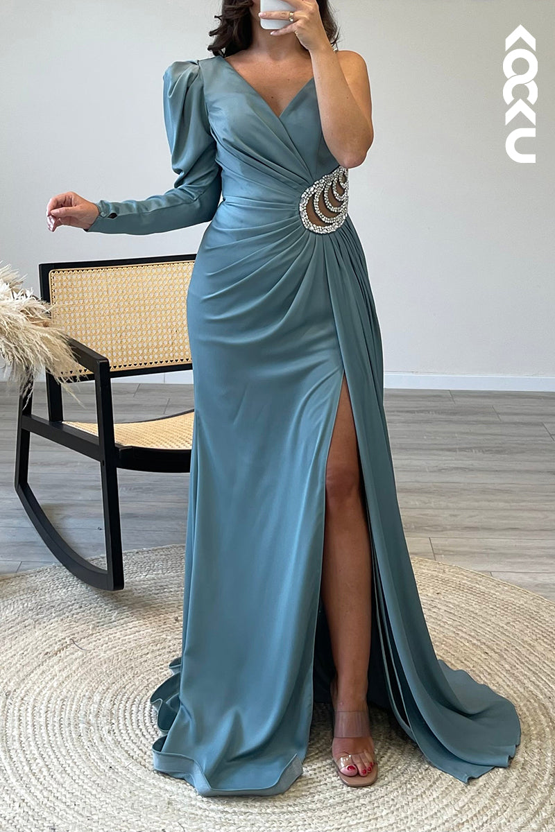 L1608 - Asymmetrical V Neck Satin Pleated Beaded Sheath Long Formal Dress