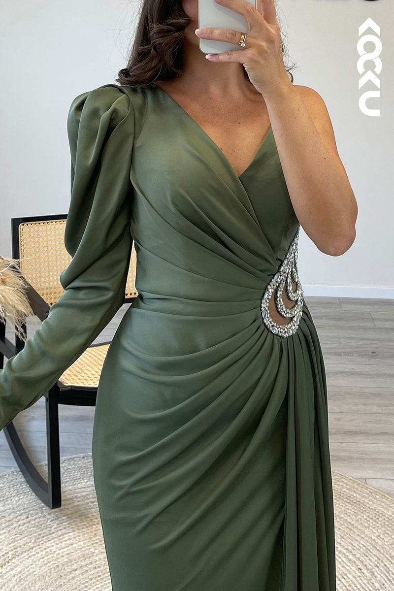 L1608 - Asymmetrical V Neck Satin Pleated Beaded Sheath Long Formal Dress