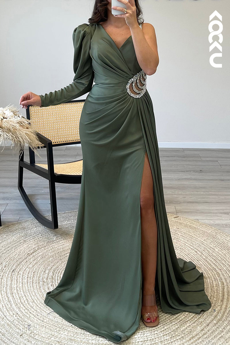 L1608 - Asymmetrical V Neck Satin Pleated Beaded Sheath Long Formal Dress