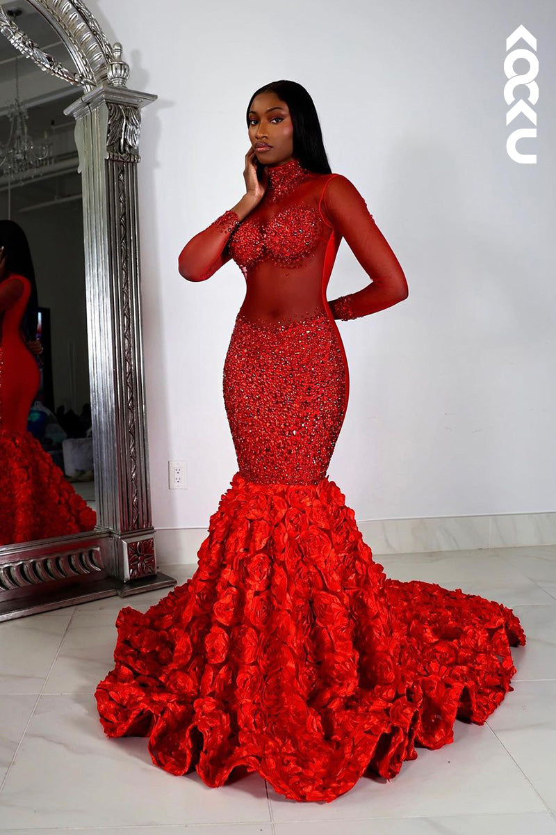 L1609 - High Neck Long Sleeves Sequined Beaded Mermaid Long Prom Gown