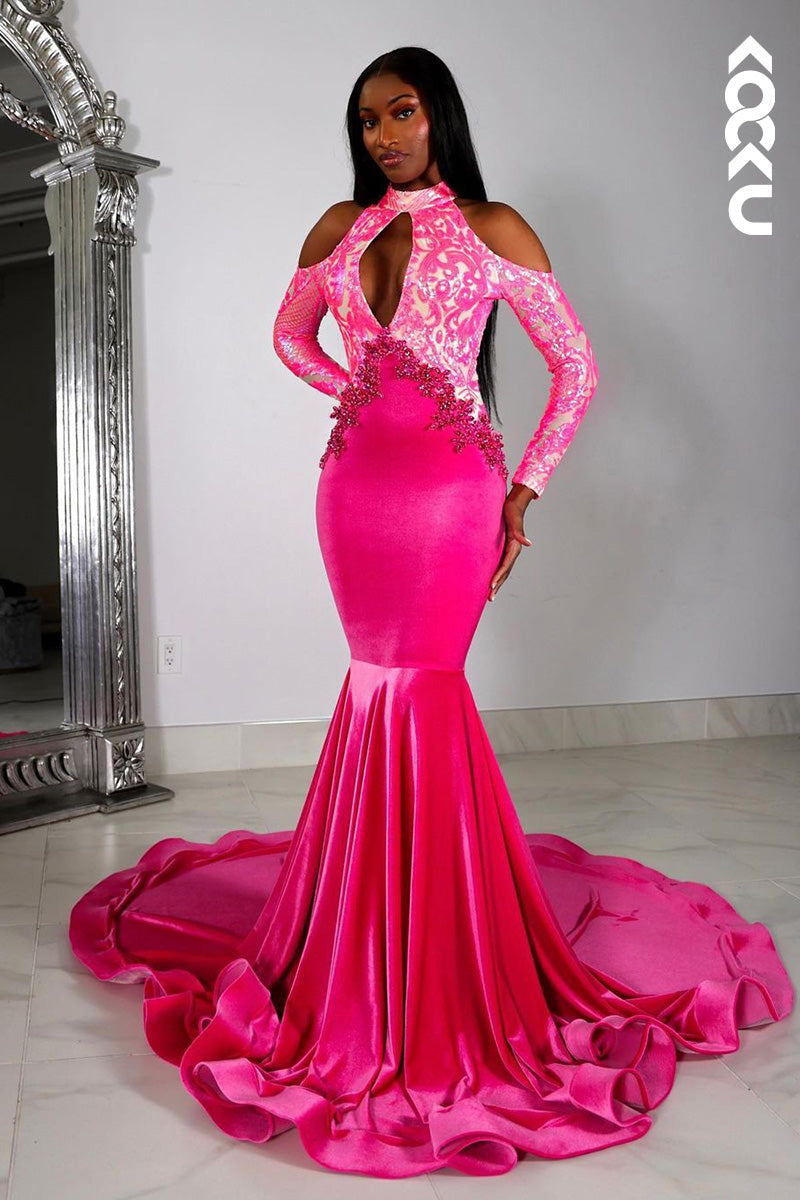 L1610 - Halter Long Sleeves Sequined Beaded Mermaid Long Prom Gown