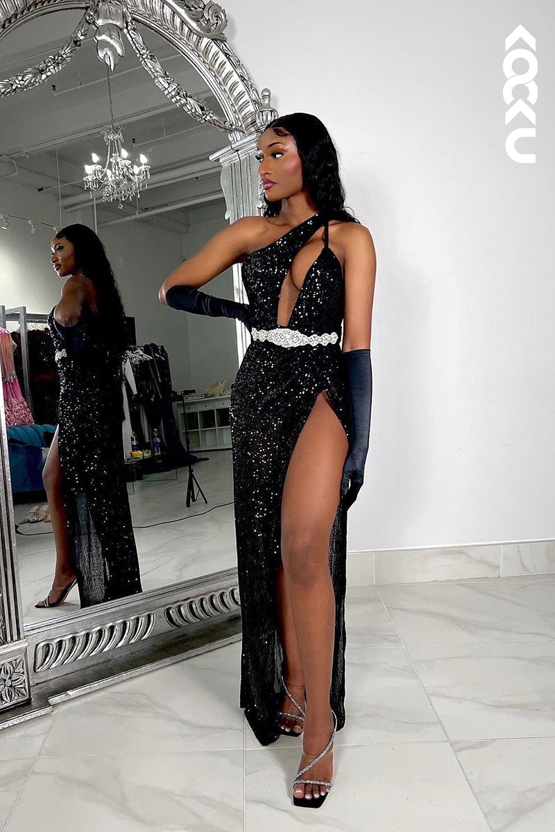 L1611 - One Shoulder Sequined Beaded Cut Outs Sheath Long Prom Gown With Slit