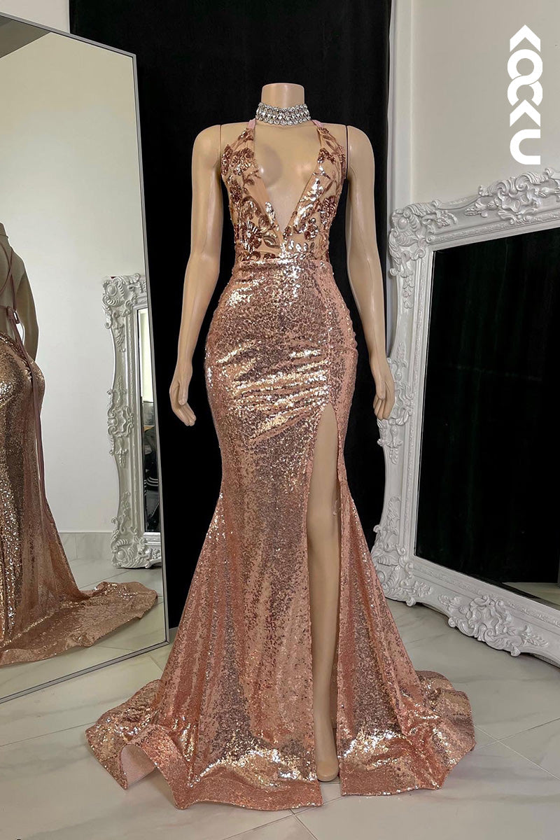 L1613 - Deep V-Neck Sequined Appliqued Sheath Long Prom Gown With Slit