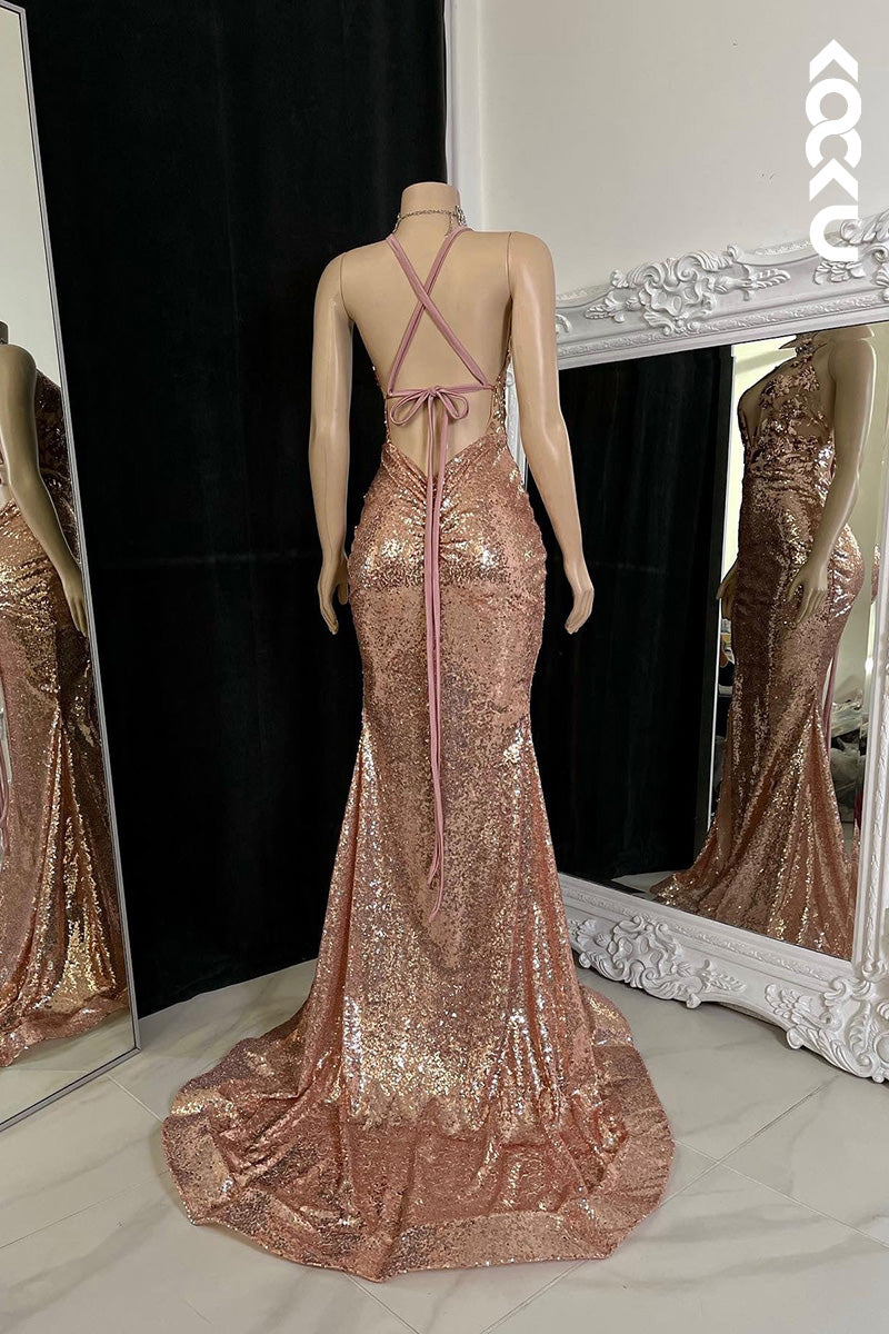 L1613 - Deep V-Neck Sequined Appliqued Sheath Long Prom Gown With Slit