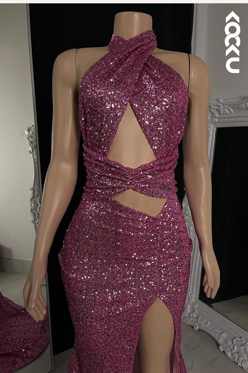 L1614 - Halter Sequined Cut Outs Sheath Long Prom Gown With Slit