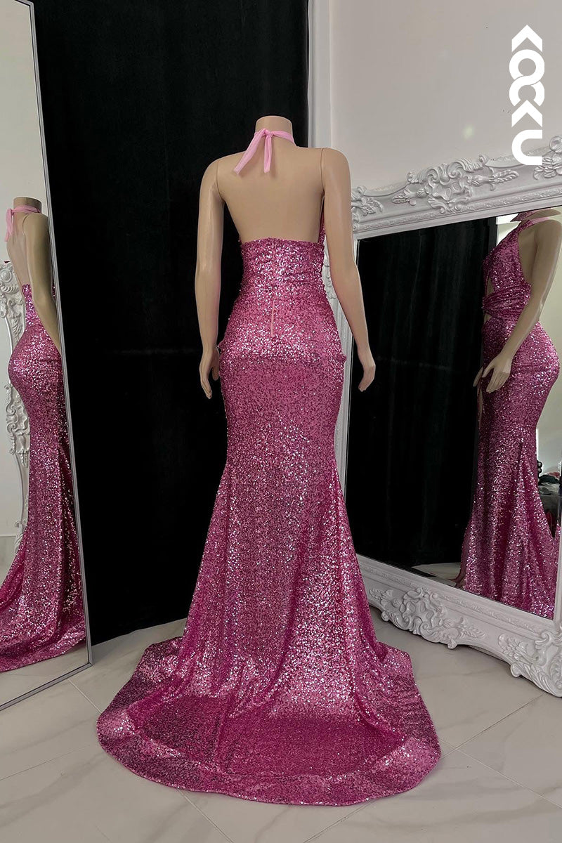 L1614 - Halter Sequined Cut Outs Sheath Long Prom Gown With Slit