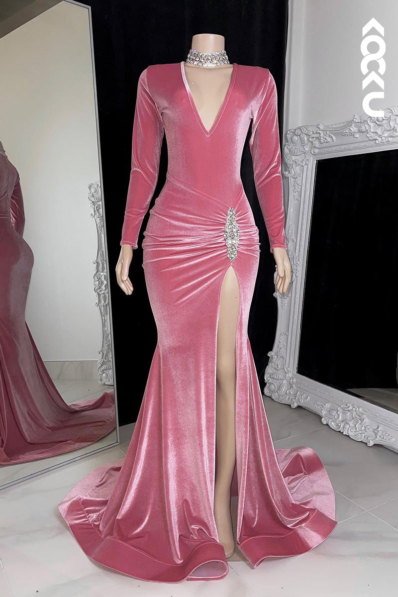 L1616 - V-Neck Long Sleeves Beaded Sheath Velvet Long Prom Gown With Slit