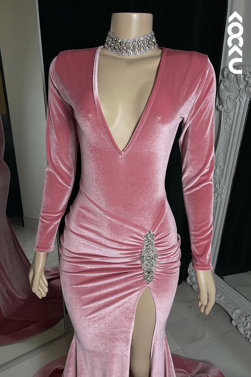 L1616 - V-Neck Long Sleeves Beaded Sheath Velvet Long Prom Gown With Slit