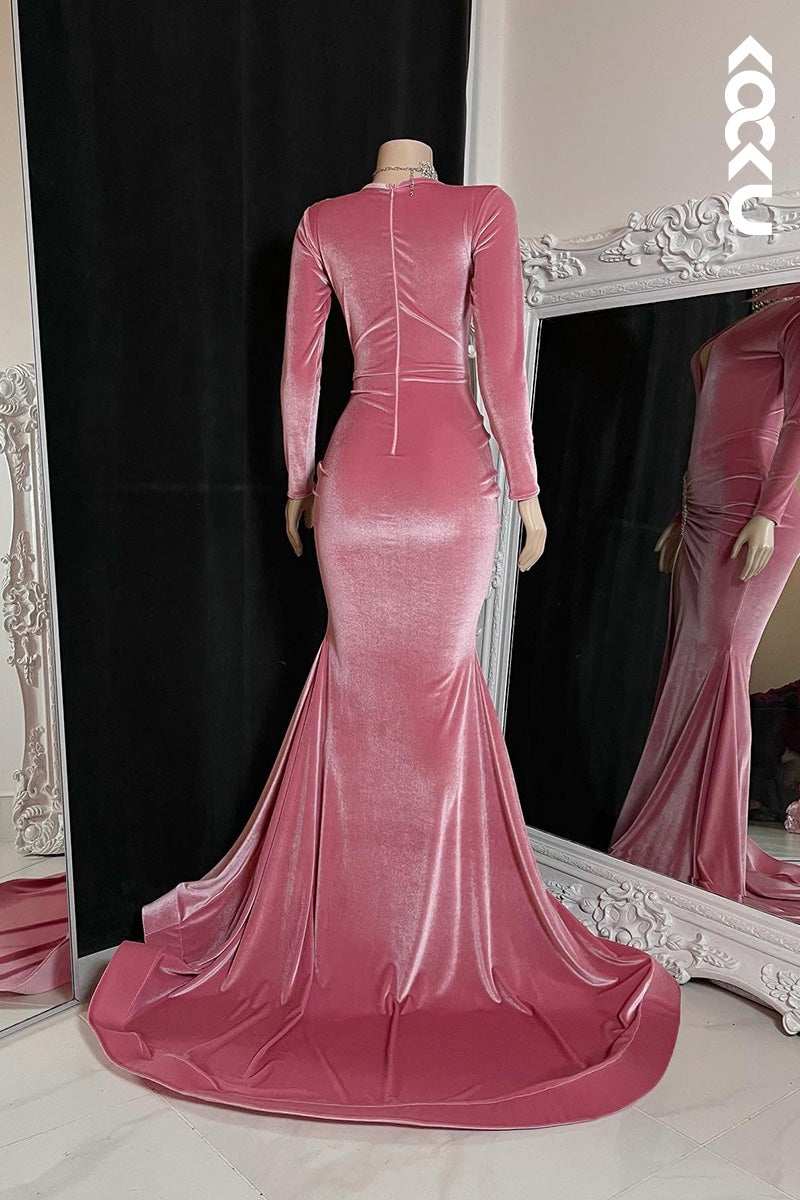L1616 - V-Neck Long Sleeves Beaded Sheath Velvet Long Prom Gown With Slit
