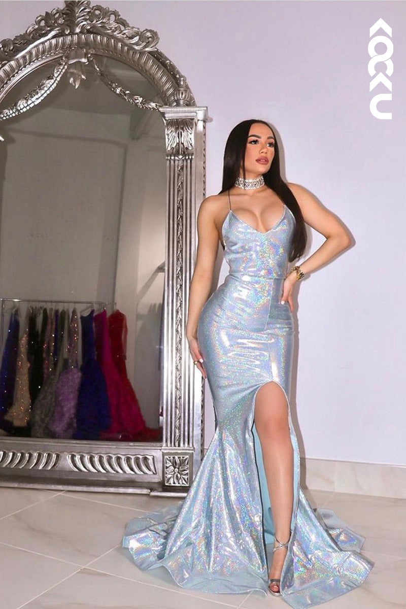 L1618 - V-Neck Spaghetti Straps Sequined Sheath Long Prom Gown With Slit