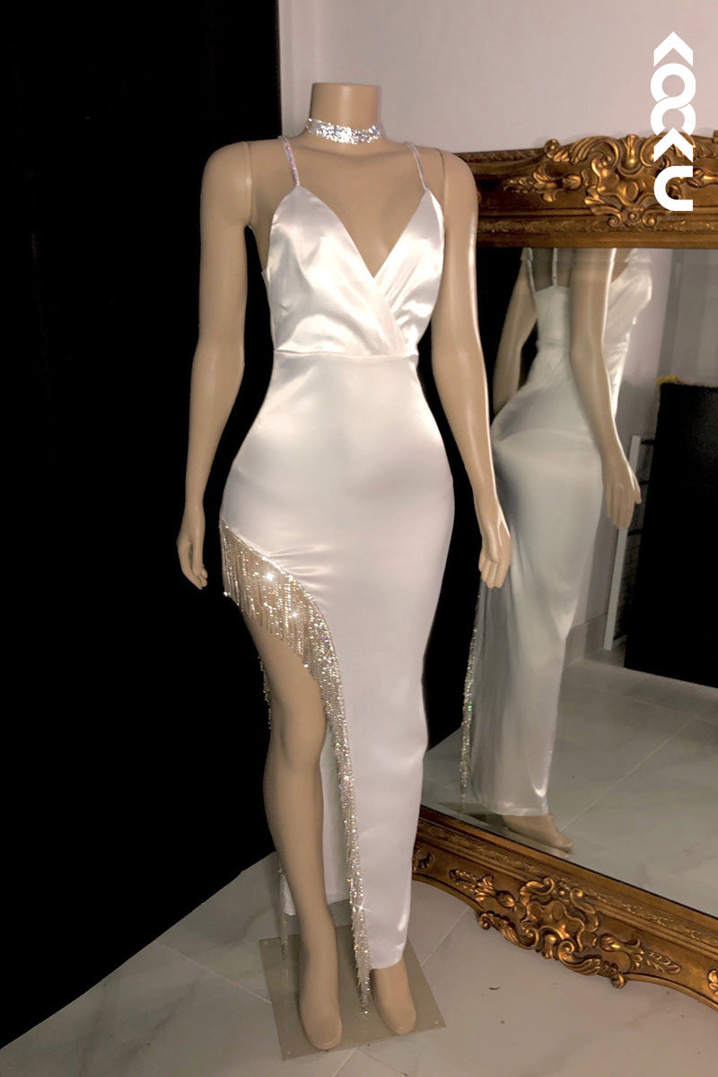 L1619 - V-Neck Spaghetti Straps Beaded Sheath Long Prom Gown With Slit