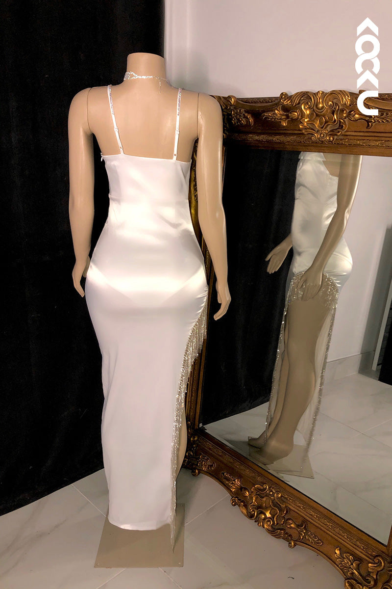 L1619 - V-Neck Spaghetti Straps Beaded Sheath Long Prom Gown With Slit